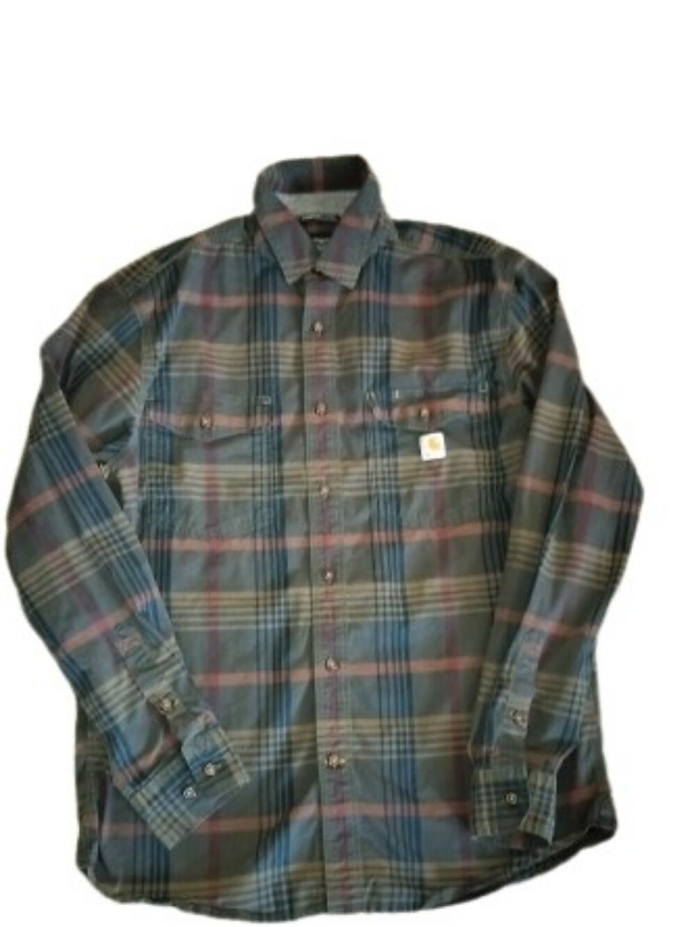Carhartt Men's Dark Green & Blue Plaid Button-Up Shirt Rugged Flex Medium TW4915